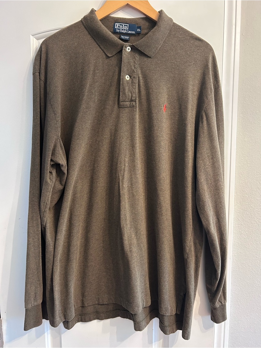 Ralph Lauren Long-Sleeve Polo Shirt in Brown with Red Pony in Sage